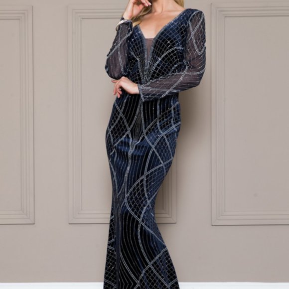 NAVY Illusion V-Neck Mermaid Shape Prom Dress AC3005